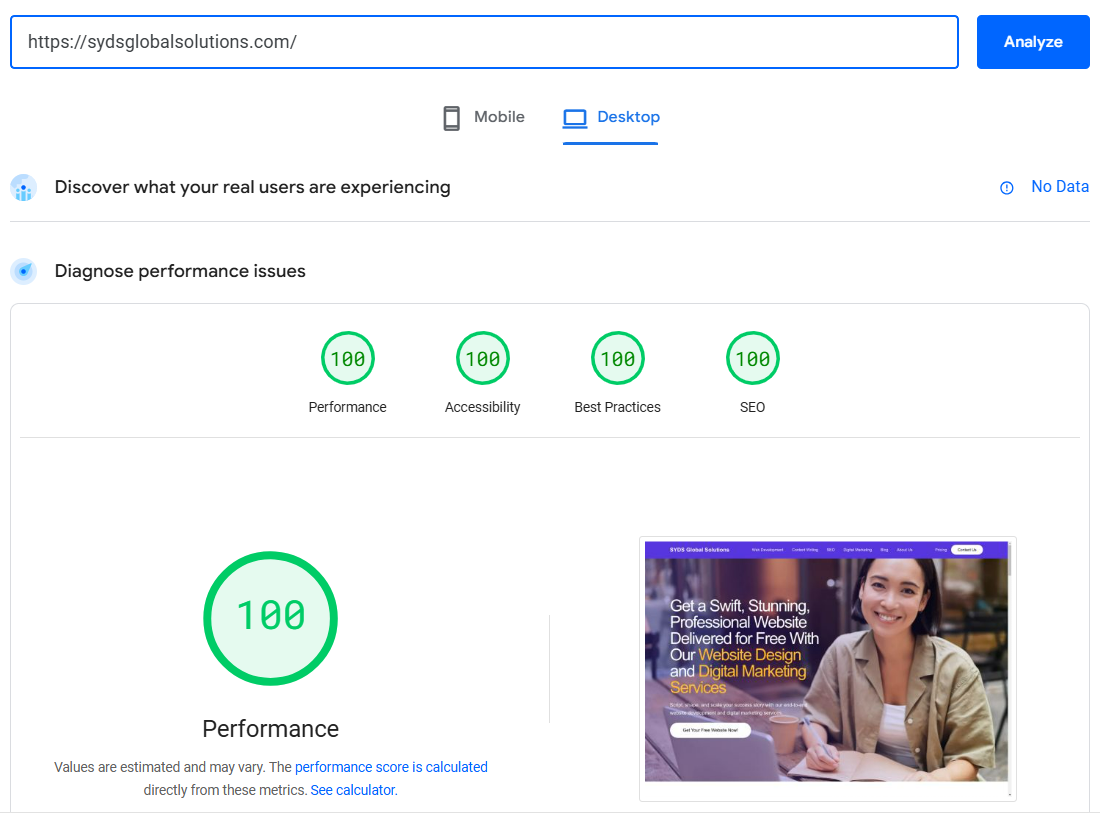 Desktop page speed insight results of the syds global solutions website