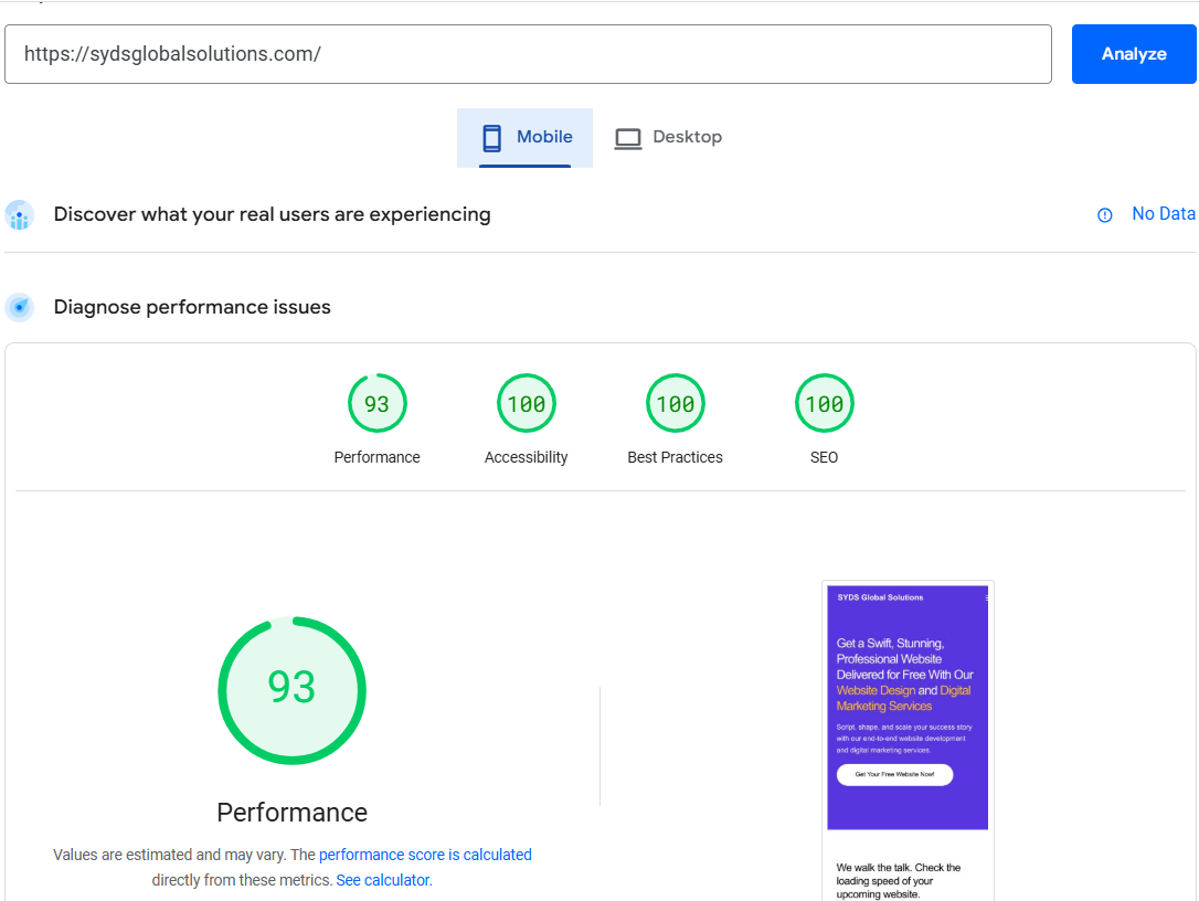 Mobile page speed insight results of the syds global solutions website